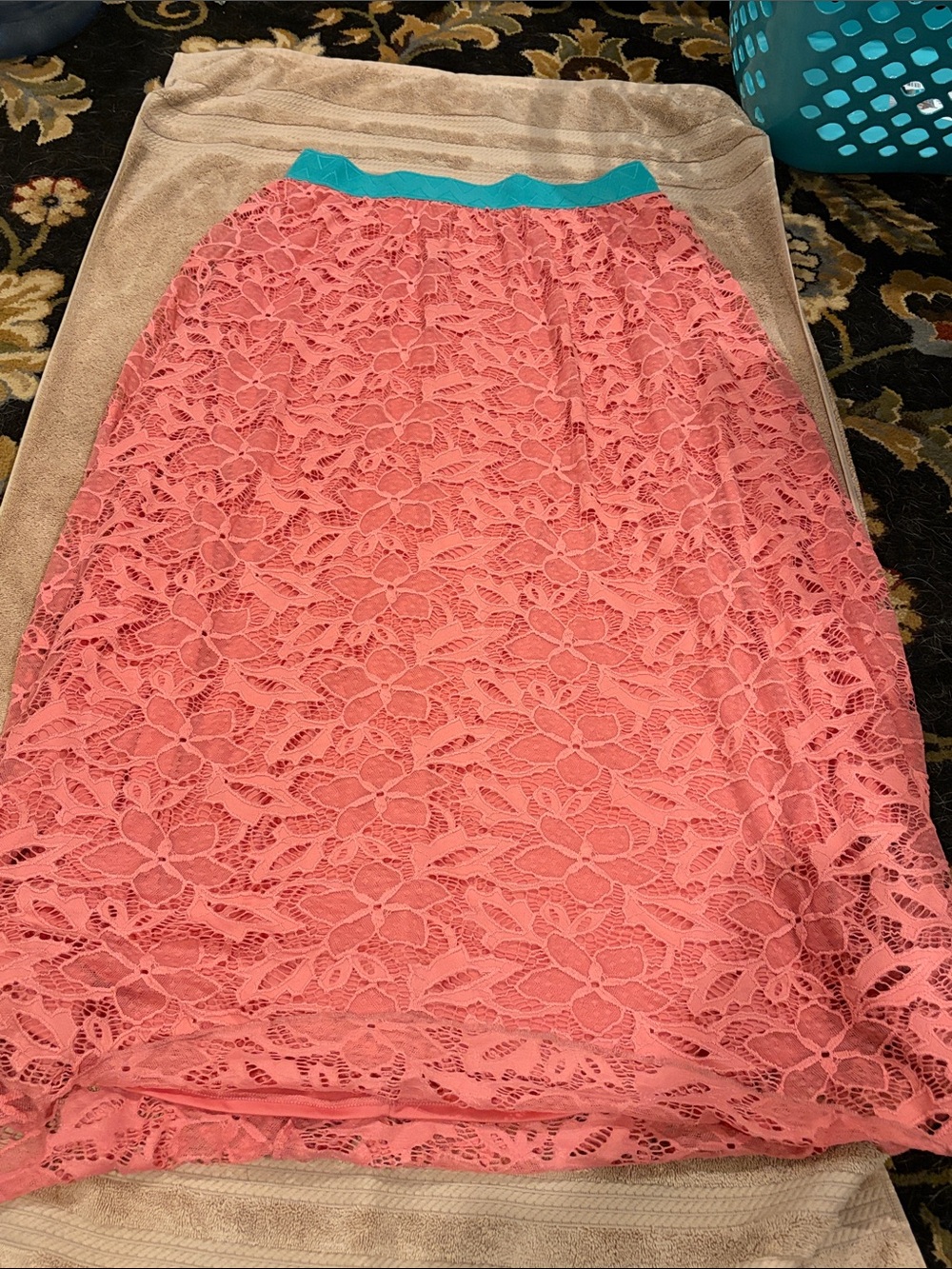 LuLaRoe Coral Lace Maxi Skirt with Teal Waistband
